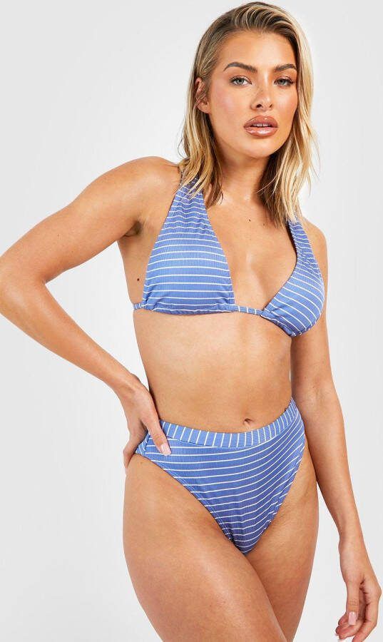 boohoo Nautisch Gestreept Geribbeld High Waist Bikini Broekje, Blue