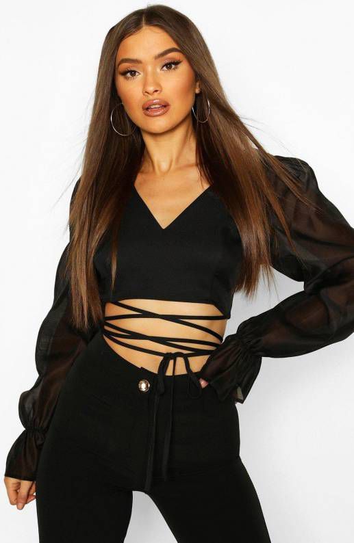 boohoo Organza Top Met Ballonmouwen En Ceintuur, Zwart