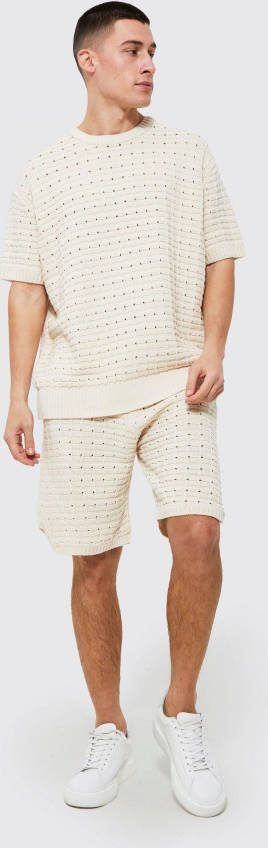 boohoo Oversized Gebreid T Shirt En Shorts Set, Cream