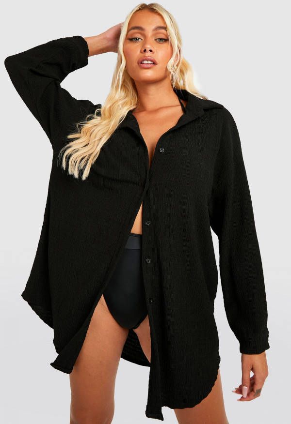 boohoo Oversized Gekreukelde Strand Blouse Met Textuur, Black