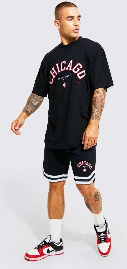 boohoo Oversized Gestreepte Chicago Varsity Set Met Shorts, Black