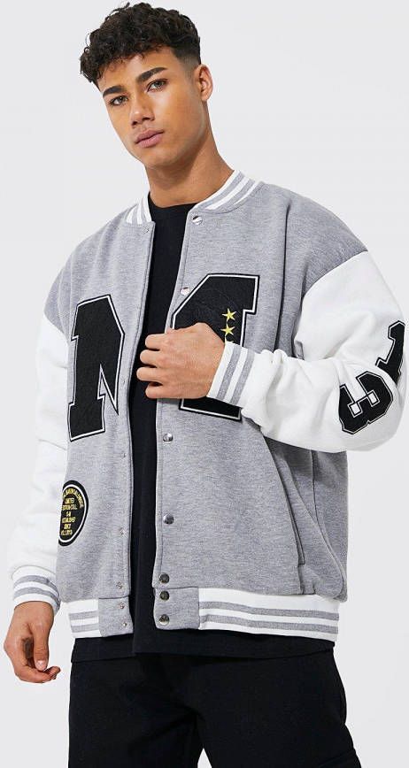 boohoo Oversized Jersey Varsity Bomberjack Met Badge, Grey Marl