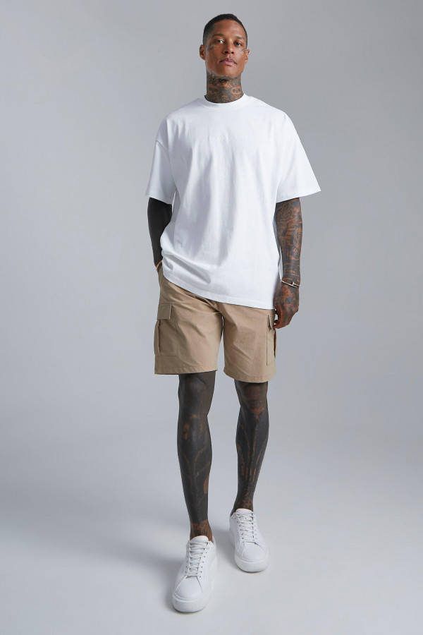 boohoo Oversized Geweven Cargo Set Met T Shirt En Shorts, Sand