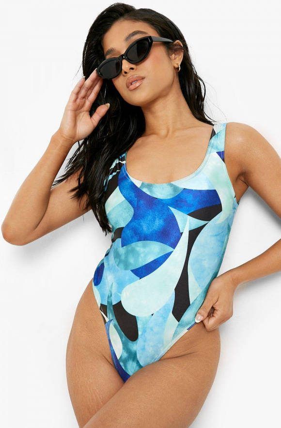 boohoo Petite Badpak Met Abstracte Opdruk En Lage Ronde Hals, Blue