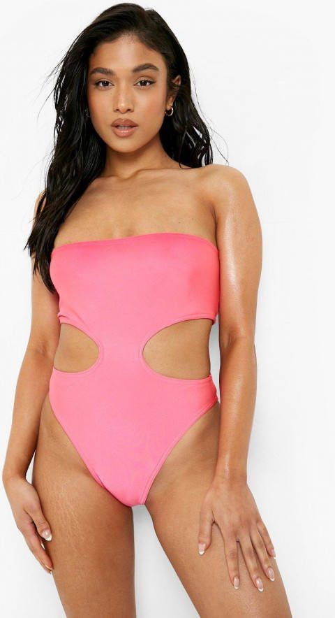 boohoo Petite Bandeau Badpak Met Uitsnijding, Hot Pink
