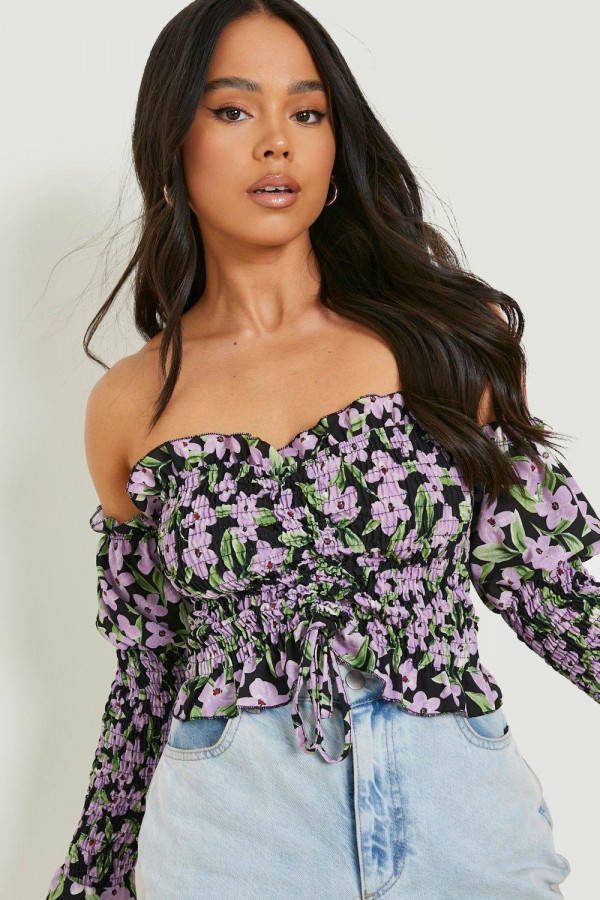 boohoo Petite Geplooide Geweven Off Shoulder Bloemen Top, Purple