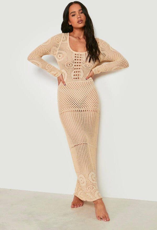 boohoo Petite Gerecyclede Gehaakte Maxi Jurk, Stone