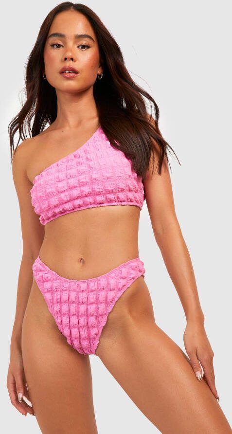 boohoo Petite Popcorn Bikini Met Textuur En Eé, n Open Schouder, Pink