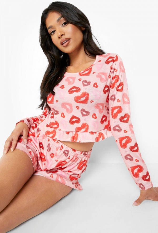 boohoo Petite Pyjama Set Met Shorts Met Geplooide Zoom, Pale Pink