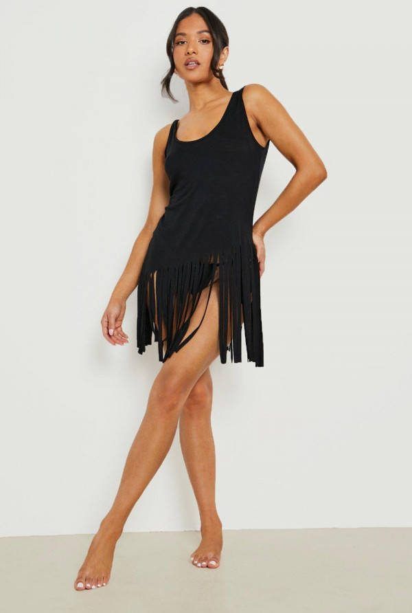 boohoo Petite Strand Jurk Met Bandjes En Kwastjes, Black