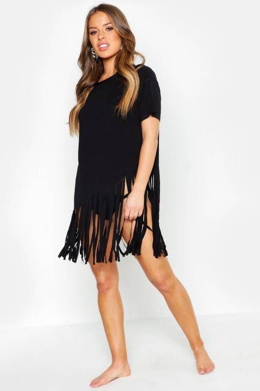 boohoo Petite Strand Jurk Met Kwastjes, Black