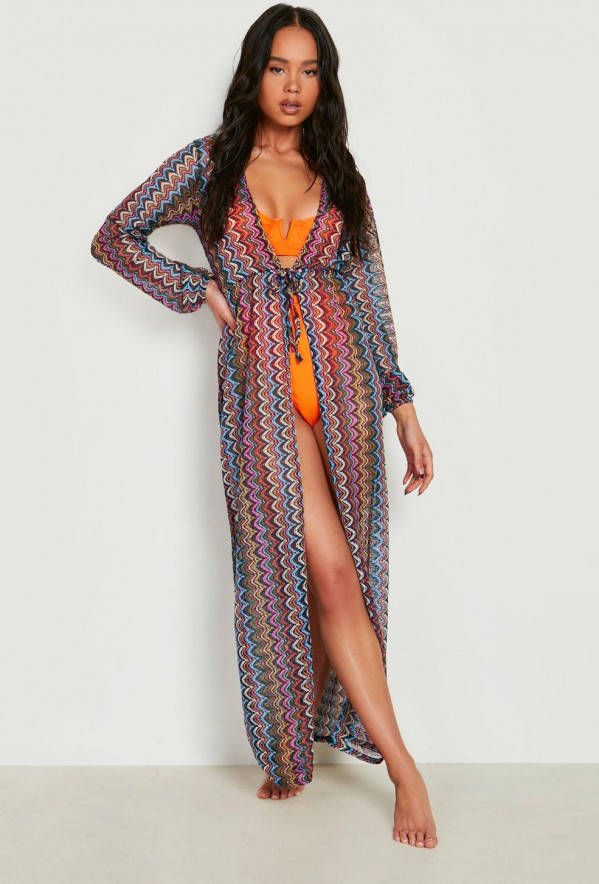 boohoo Petite Zig Zag Strand Kimono Met Print, Multi