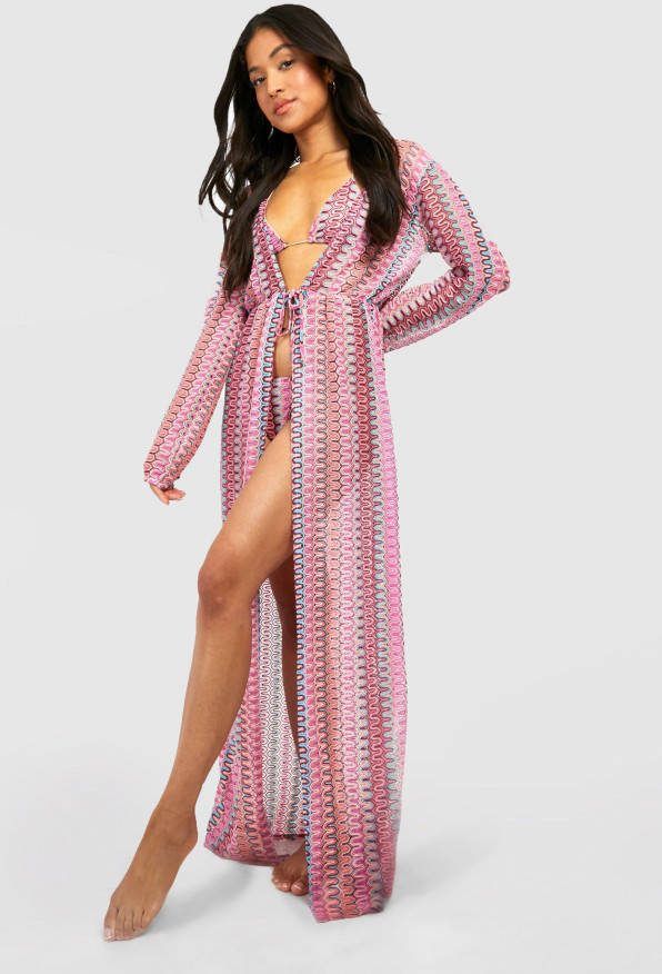 boohoo Petite Zig Zag Strand Kimono, Pink