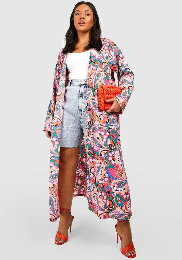 boohoo Plus Abstracte Bloemen Long Line Kimono, Purple
