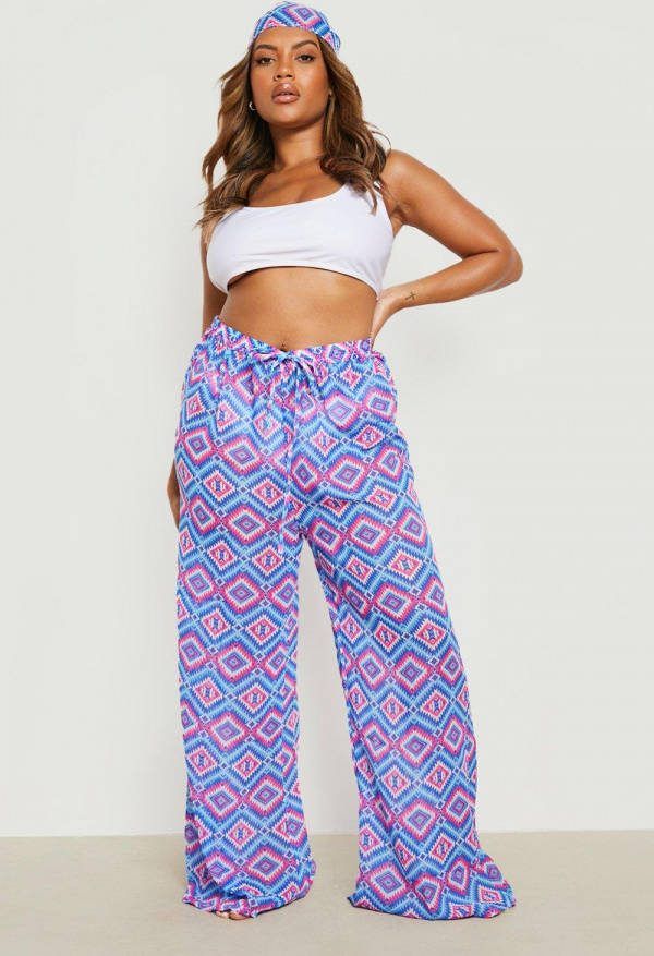 boohoo Plus Aztec Geo Print Strand Broek En Haarband, Blue