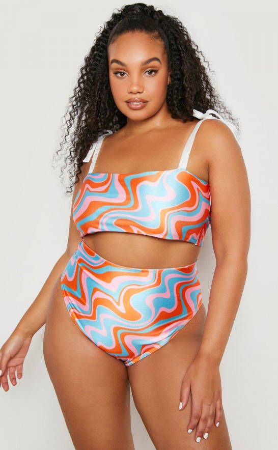 boohoo Plus Bikini Met Golvende Print En Schouderstrikjes, Multi