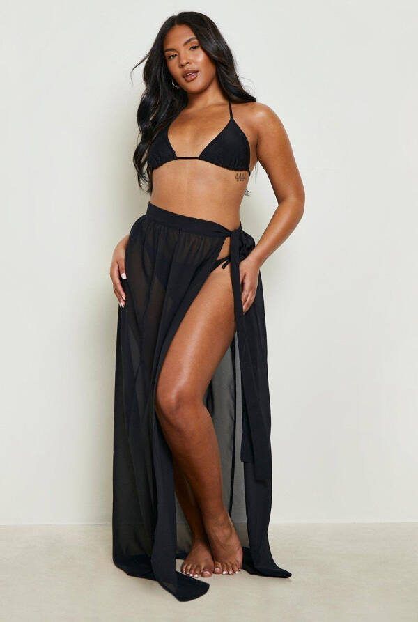 boohoo Plus Chiffon Maxi Strand Sarong Met Ceintuur, Black