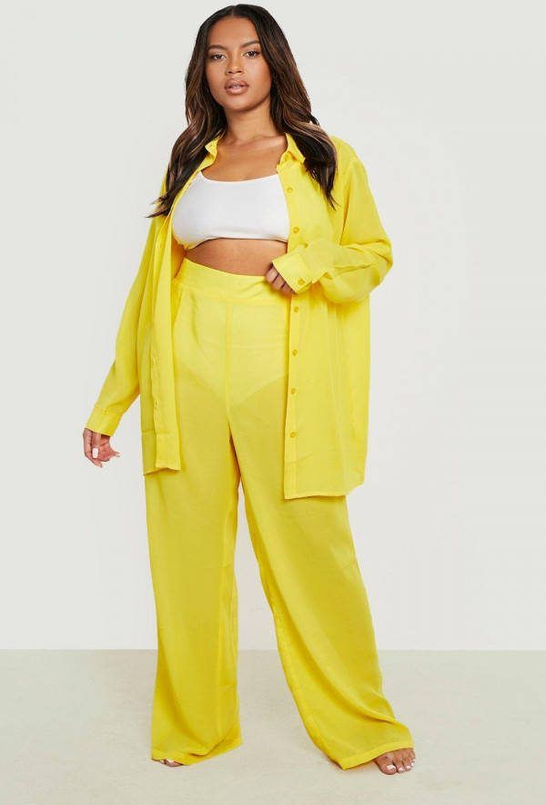 boohoo Plus Chiffon Strand Broek, Yellow