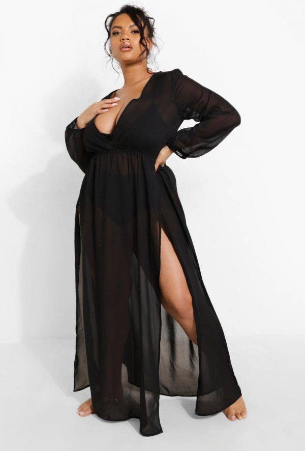 boohoo Plus Chiffon Strand Kaftan Met Split, Black
