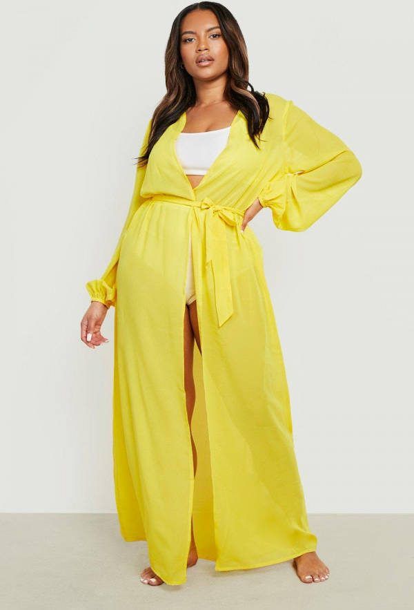 boohoo Plus Chiffon Strand Kimono, Yellow