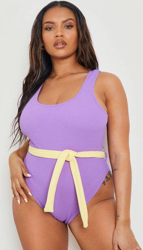 boohoo Plus Gekreukeld Contrasterend Badpak Met Strik, Purple