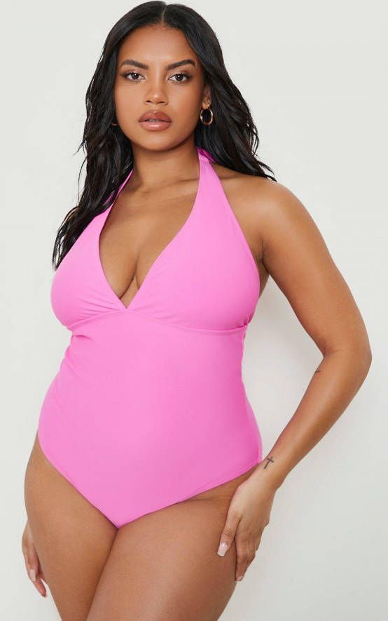 boohoo Plus Corrigerend Neon Badpak Met Laag Decolleté,, Neon Pink