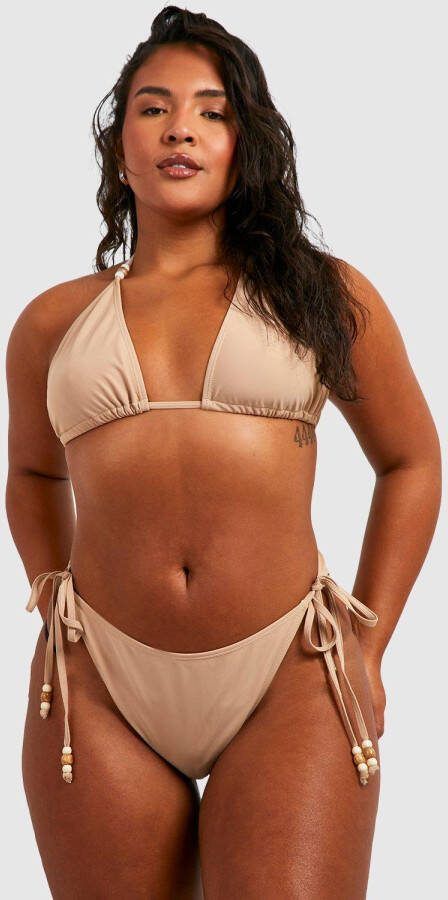 boohoo Plus Driehoekige Bikini Set Met Houten Kralen, Stone