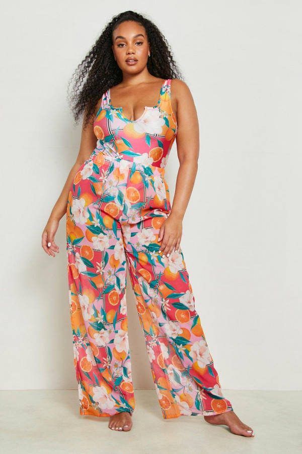 boohoo Plus Fruit Print Strand Broek, Pink