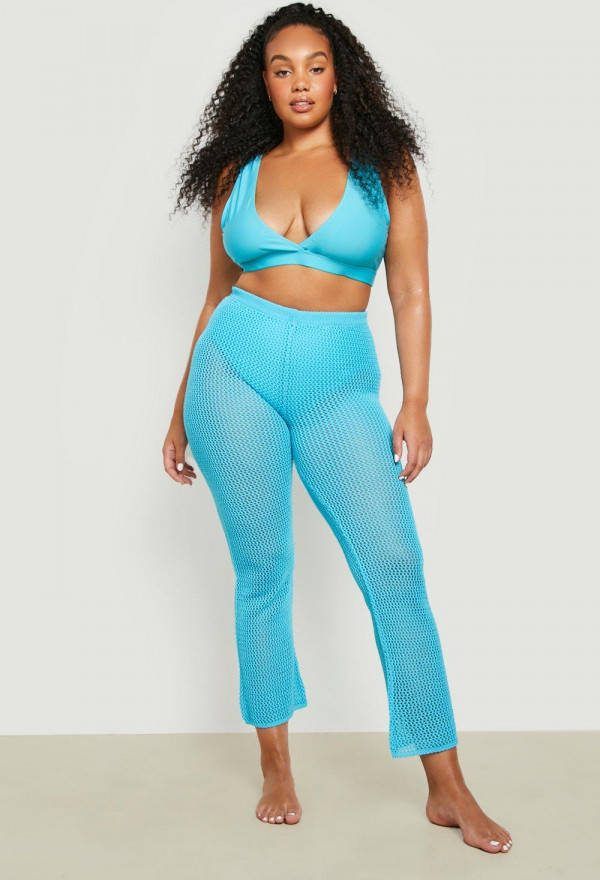 boohoo Plus Gebreide Flared Strand Broek, Blue