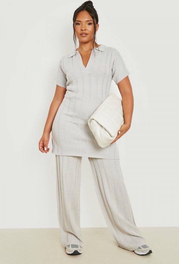 boohoo Plus Gebreide Long Line Top En Broek Set, Silver