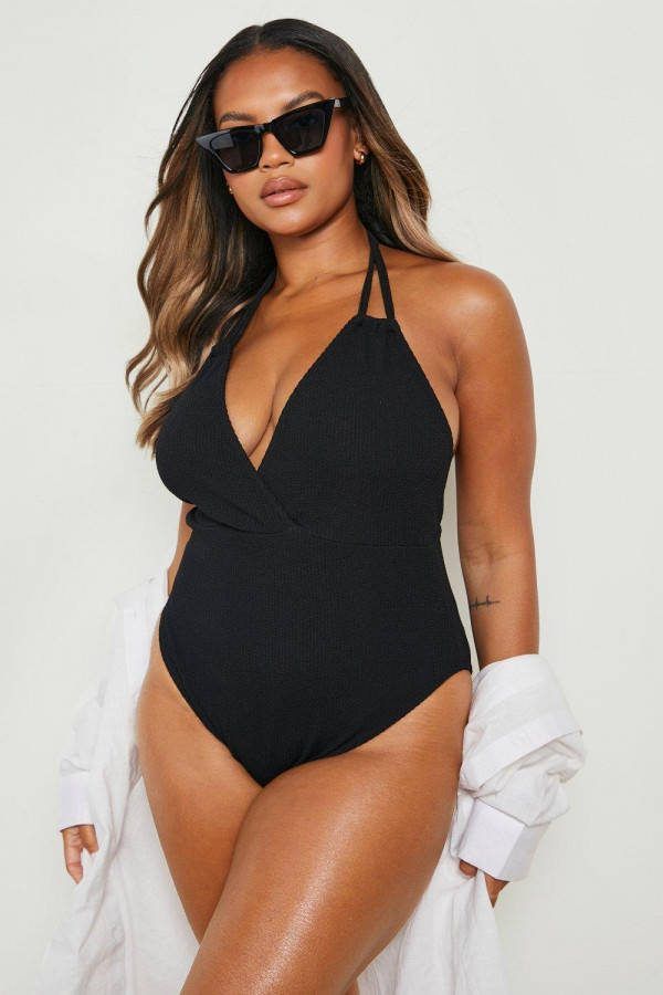 boohoo Plus Gekreukeld Wikkel Badpak, Black