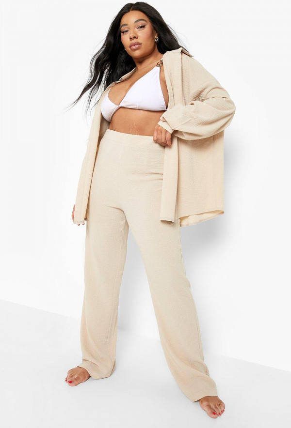 boohoo Plus Gekreukelde Strand Broek Met Wijde Pijpen, Stone