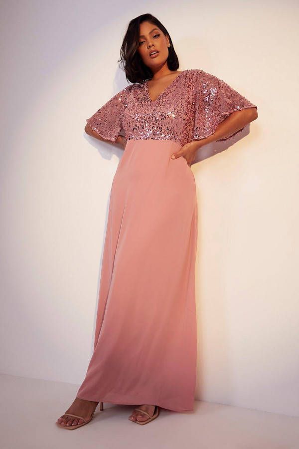 boohoo Plus Gelegenheids Bruidsmeisjes Maxi Jurk Met Pailletten En Engelenmouwen, Rose