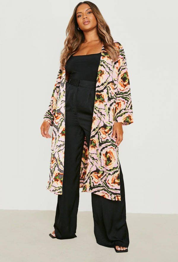 boohoo Plus Geweven Marmerprint Midi Kimono, Pink