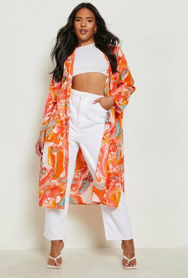 boohoo Plus Geweven Marmerprint Midi Kimono, Red
