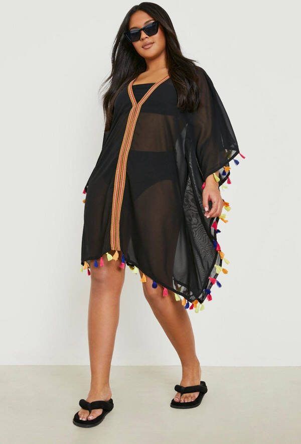 boohoo Plus Kimono Strand Cover Up Met Pom Poms, Black