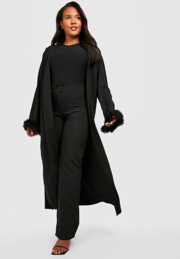 boohoo Plus Long Line Kimono Met Veren, Black