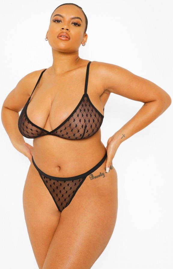 boohoo Plus Mesh Hartjes Beha En Slip Set, Black
