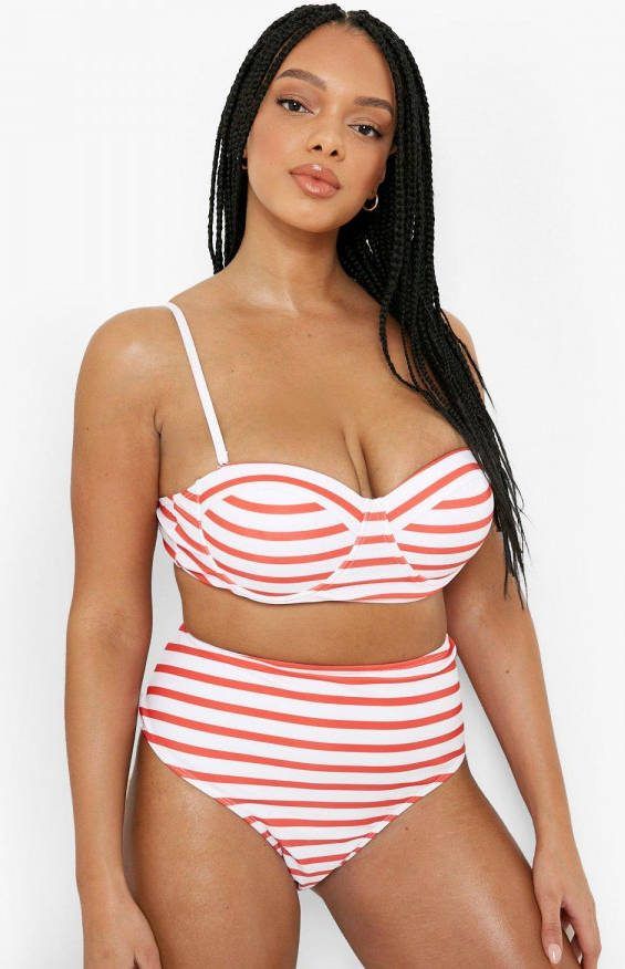 boohoo Plus Nautisch Gestreept Bikini Broekje Met Hoge Taille, Red