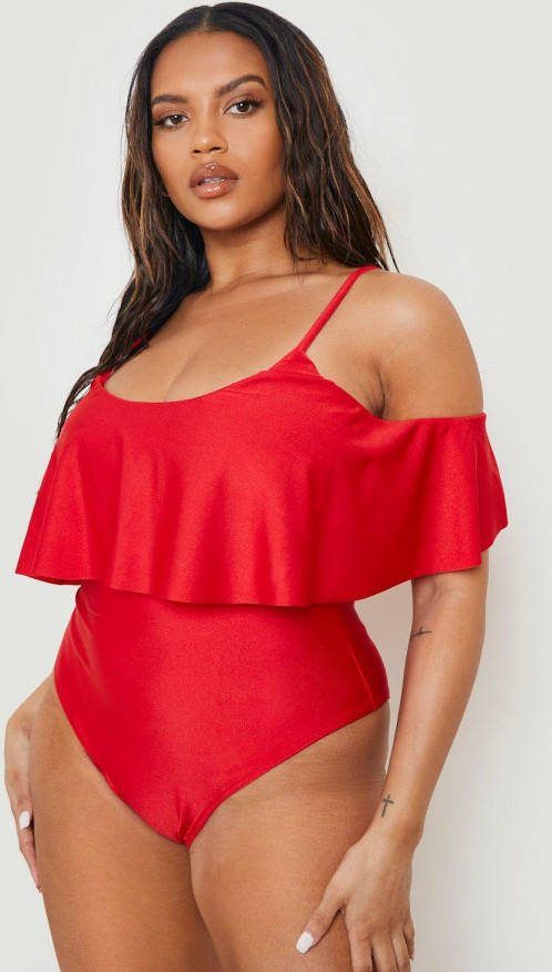 boohoo Plus Off Shoulder Badpak Met Franjes, Red