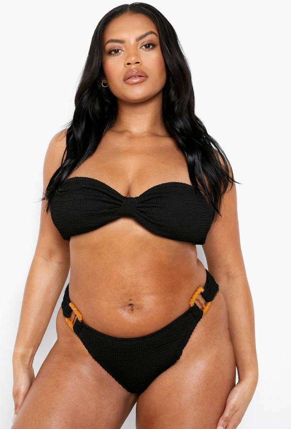 boohoo Plus Opgeknoopte Gekreukelde Bikini, Black