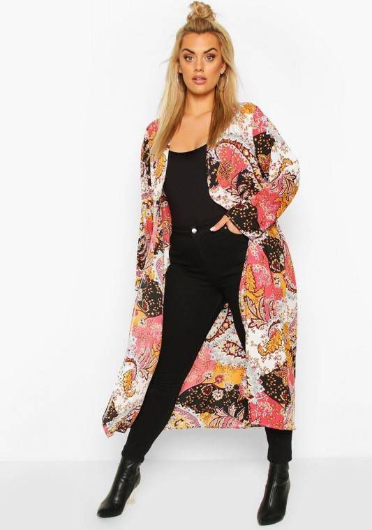 boohoo Plus Paisley Maxi Kimono Met Lange Mouwen, Mosterd