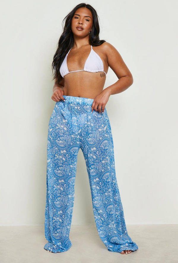 boohoo Plus Paisley Strand Broek, Blue