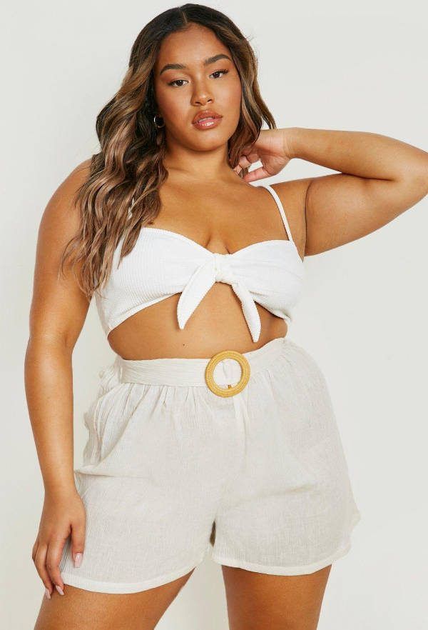 boohoo Plus Raffia Kaasdoek Strand Shorts Met Gesp, Stone