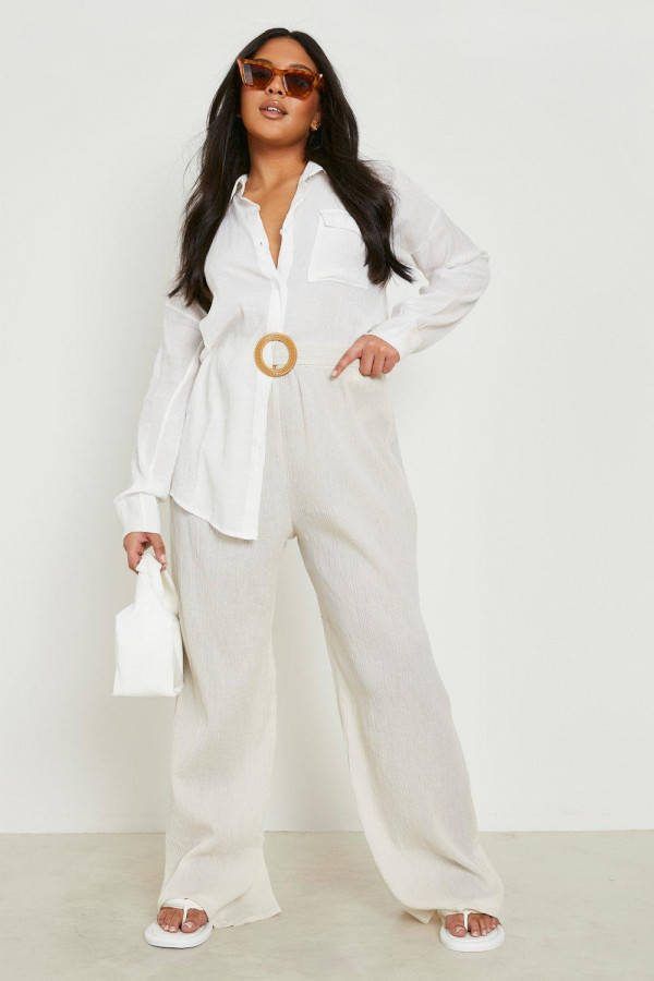 boohoo Plus Raffia Strand Broek Met Gesp, Stone