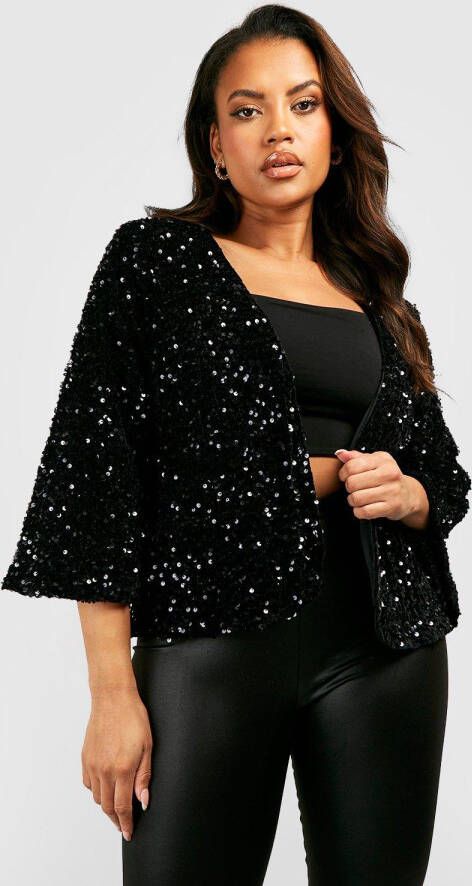 boohoo Plus Sequin Glitter Kimono, Black