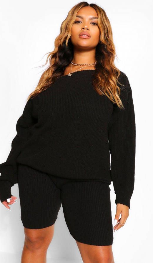 boohoo Plus Gebreide Set Met Boothals, Zwart