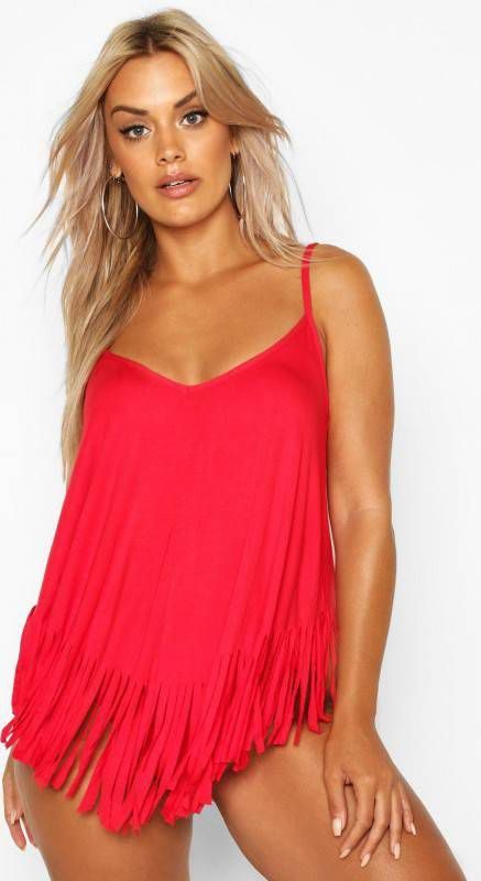 boohoo Plus Strand Hemdje Met Kwastjes, Rood