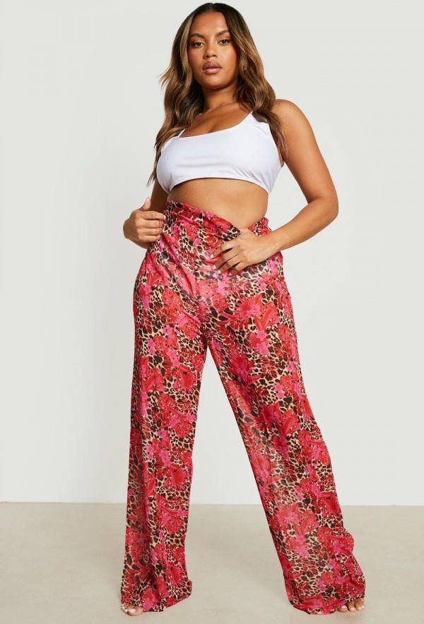 boohoo Plus Tropische Dierenprint Strand Broek, Red