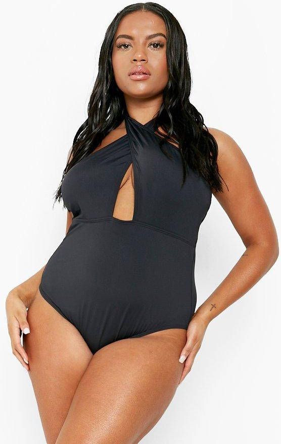 boohoo Plus Wikkel Badpak Met Halter Neck, Black
